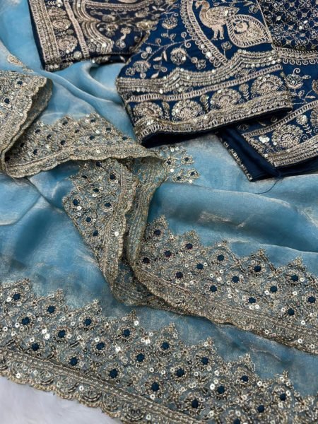 Sky Blue Designer Fendy Satin Saree With Sequence Embroidery Work For Wedding Wear Designer Wedding Sarees Wholesale