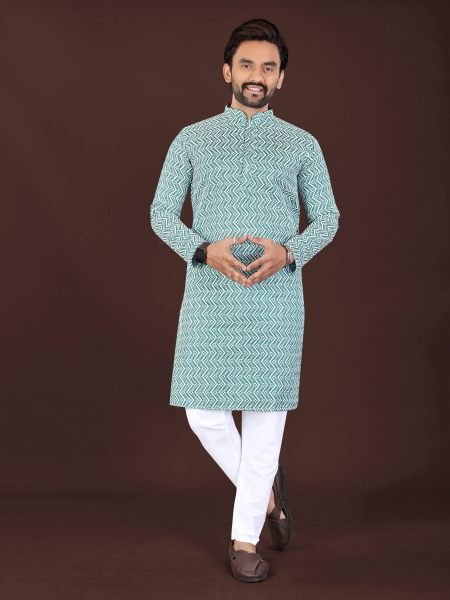 Sky Blue Designer Men's Lucknowi Chikankari Kurta in Premium Soft Cotton With Pant 