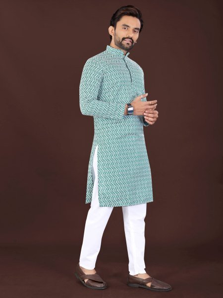 Sky Blue Designer Men's Lucknowi Chikankari Kurta in Premium Soft Cotton With Pant Kurta Pajama Wholesale