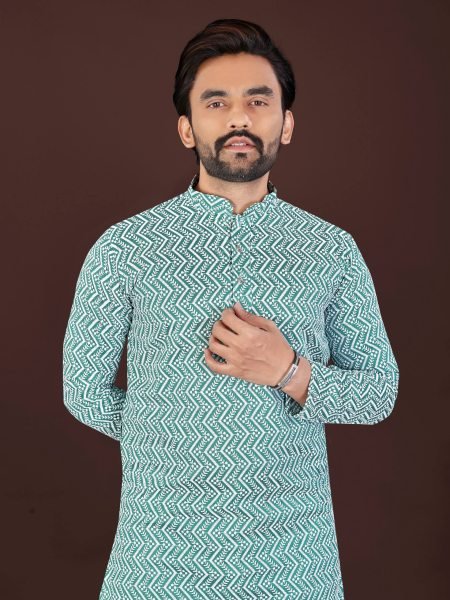 Sky Blue Designer Men's Lucknowi Chikankari Kurta in Premium Soft Cotton With Pant Kurta Pajama Wholesale