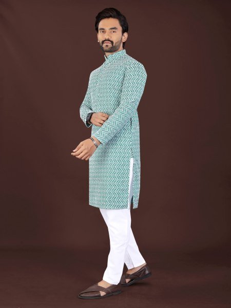 Sky Blue Designer Men's Lucknowi Chikankari Kurta in Premium Soft Cotton With Pant Kurta Pajama Wholesale