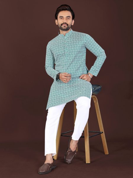 Sky Blue Designer Men's Lucknowi Chikankari Kurta in Premium Soft Cotton With Pant Kurta Pajama Wholesale