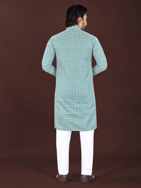 Sky Blue Designer Men's Lucknowi Chikankari Kurta in Premium Soft Cotton With Pant Kurta Pajama Wholesale