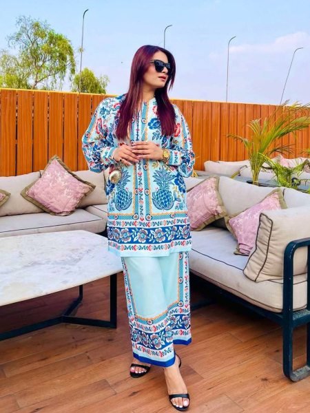 Sky Blue Digital Print Co ord Set In Natural Crepe Elegant Pakistani Style Look 