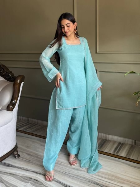 Sky Blue Eid Special Crunchy Silk Farshi Salwar Suit with Swarovski Work at Wholesale Rate Ready To Wear Suit