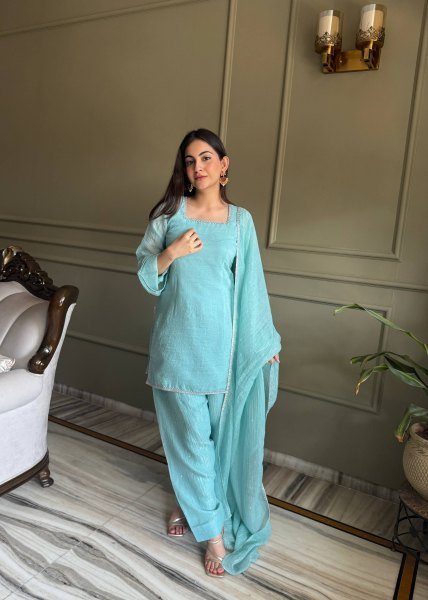 Sky Blue Eid Special Crunchy Silk Farshi Salwar Suit with Swarovski Work at Wholesale Rate Ready To Wear Collection