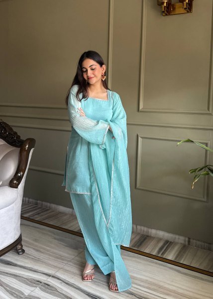 Sky Blue Eid Special Crunchy Silk Farshi Salwar Suit with Swarovski Work at Wholesale Rate Ready To Wear Collection