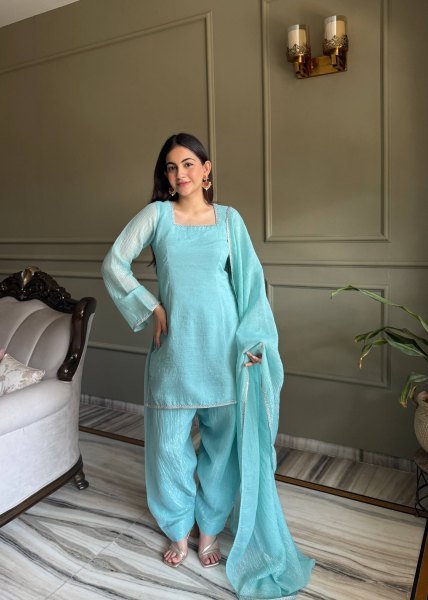 Sky Blue Eid Special Crunchy Silk Farshi Salwar Suit with Swarovski Work at Wholesale Rate Ready To Wear Collection