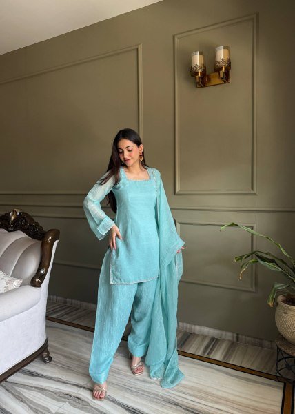 Sky Blue Eid Special Crunchy Silk Farshi Salwar Suit with Swarovski Work at Wholesale Rate Ready To Wear Collection
