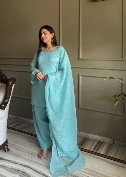 Sky Blue Eid Special Crunchy Silk Farshi Salwar Suit with Swarovski Work at Wholesale Rate Ready To Wear Collection
