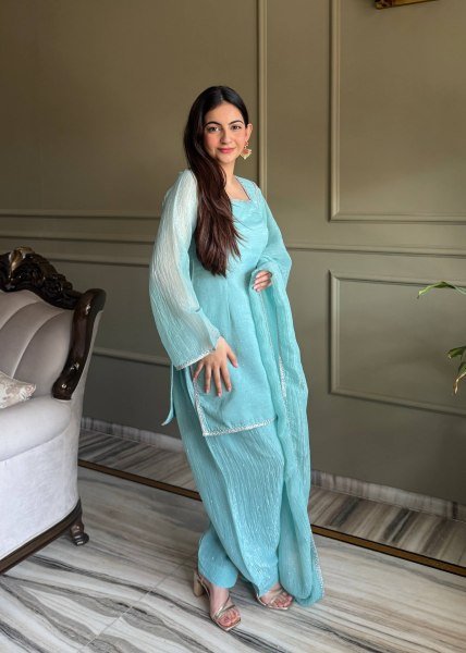 Sky Blue Eid Special Crunchy Silk Farshi Salwar Suit with Swarovski Work at Wholesale Rate Ready To Wear Collection