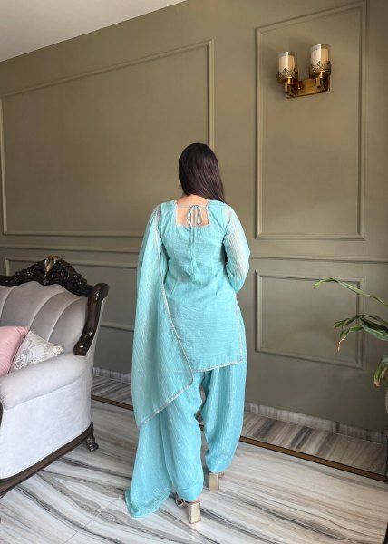 Sky Blue Eid Special Crunchy Silk Farshi Salwar Suit with Swarovski Work at Wholesale Rate Ready To Wear Collection
