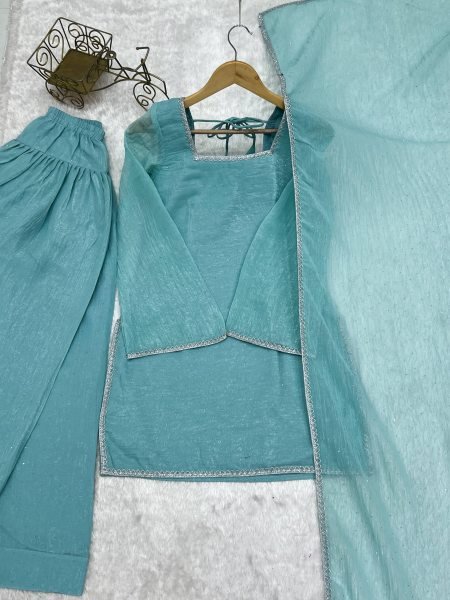 Sky Blue Eid Special Crunchy Silk Farshi Salwar Suit with Swarovski Work at Wholesale Rate Ready To Wear Collection