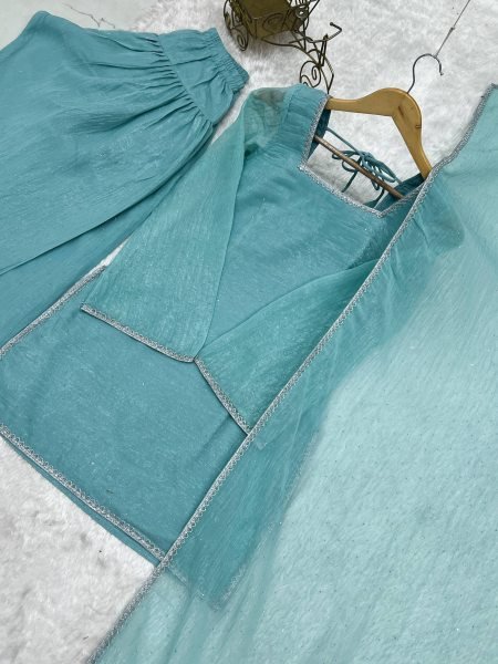Sky Blue Eid Special Crunchy Silk Farshi Salwar Suit with Swarovski Work at Wholesale Rate Ready To Wear Collection