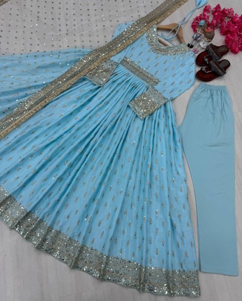 Sky Blue Embroidered Chinon Gown Set for Women Wedding Wear Ready To Wear Collection