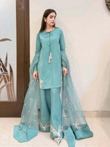 Sky Blue Crepe Palazzo Suit with Embroidery and Organza Dupatta Party Wear 