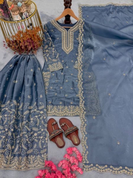 Sky Blue  Embroidery Sequence  Woek Gmy Choo Sharara Set for  Boutique Buyers