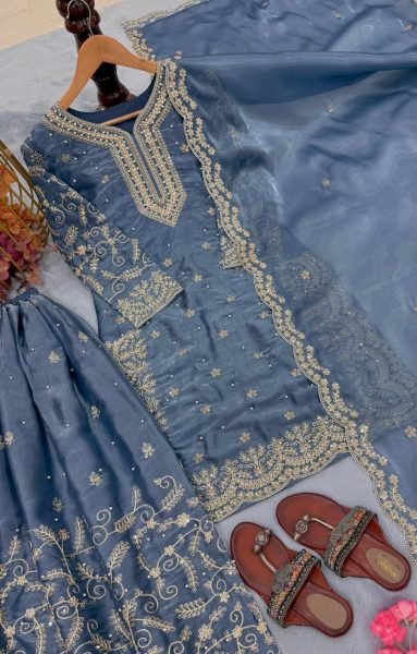 Sky Blue  Embroidery Sequence  Woek Gmy Choo Sharara Set for  Boutique Buyers Ready To Wear Collection