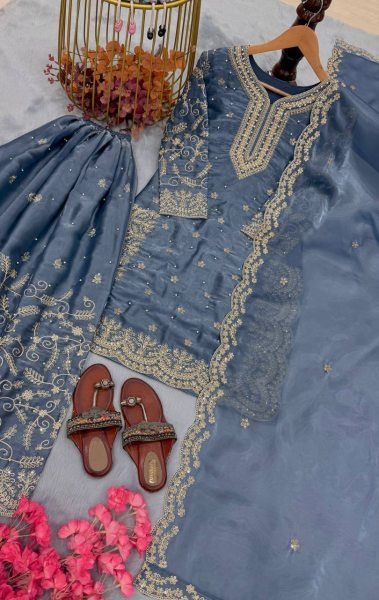 Sky Blue  Embroidery Sequence  Woek Gmy Choo Sharara Set for  Boutique Buyers Ready To Wear Collection