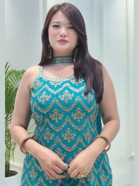 Sky Blue Faux Georgette Palazzo Suit with Sequin Dupatta and Potli Bag for Weddings 