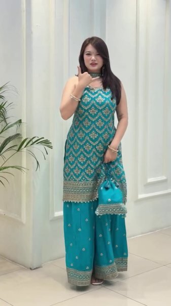 Sky Blue Faux Georgette Palazzo Suit with Sequin Dupatta and Potli Bag for Weddings  Ready To Wear Collection