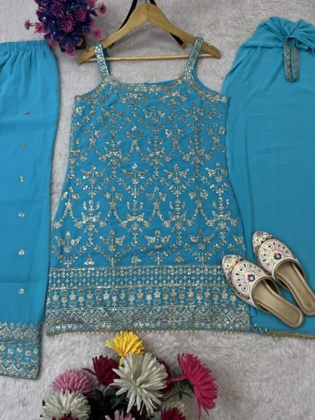 Sky Blue Faux Georgette Palazzo Suit with Sequin Dupatta and Potli Bag for Weddings  Ready To Wear Collection