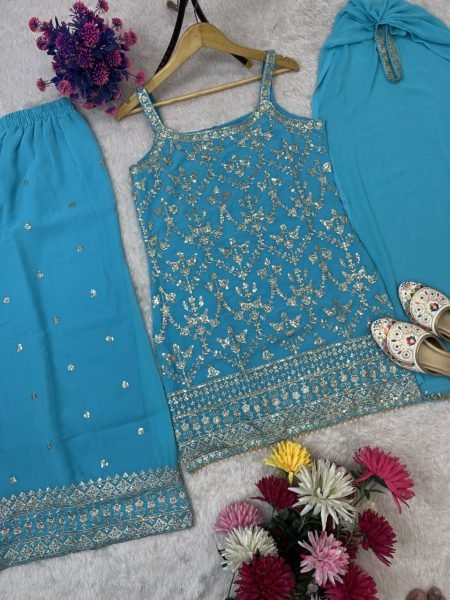 Sky Blue Faux Georgette Palazzo Suit with Sequin Dupatta and Potli Bag for Weddings  Ready To Wear Collection