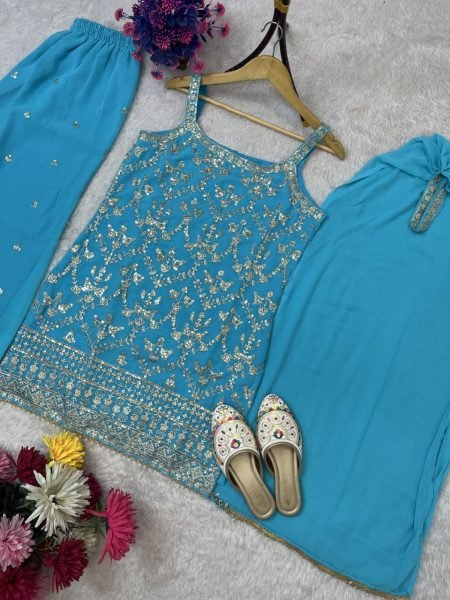 Sky Blue Faux Georgette Palazzo Suit with Sequin Dupatta and Potli Bag for Weddings  Ready To Wear Collection
