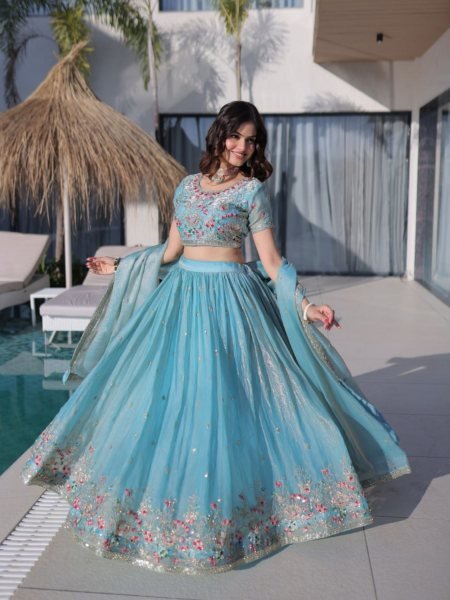 Sky Blue Fendi Silk Multi Thread Embroidered Lehenga Choli Set for Wedding Celebrations  Lehenga
