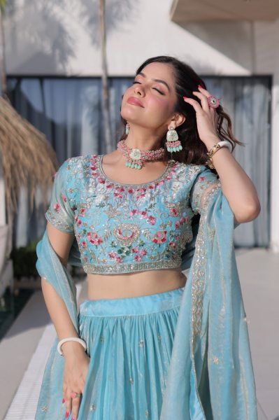 Sky Blue Fendi Silk Multi Thread Embroidered Lehenga Choli Set for Wedding Celebrations Designer Lehenga Choli