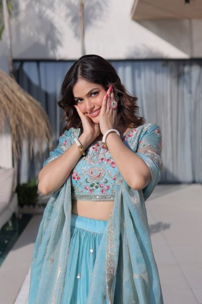 Sky Blue Fendi Silk Multi Thread Embroidered Lehenga Choli Set for Wedding Celebrations Designer Lehenga Choli