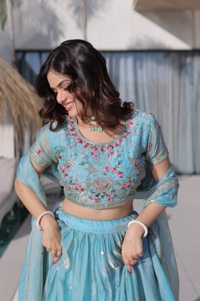 Sky Blue Fendi Silk Multi Thread Embroidered Lehenga Choli Set for Wedding Celebrations Designer Lehenga Choli