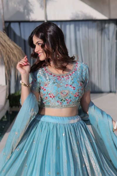 Sky Blue Fendi Silk Multi Thread Embroidered Lehenga Choli Set for Wedding Celebrations Designer Lehenga Choli