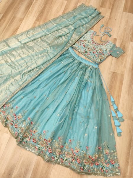 Sky Blue Fendi Silk Multi Thread Embroidered Lehenga Choli Set for Wedding Celebrations Designer Lehenga Choli