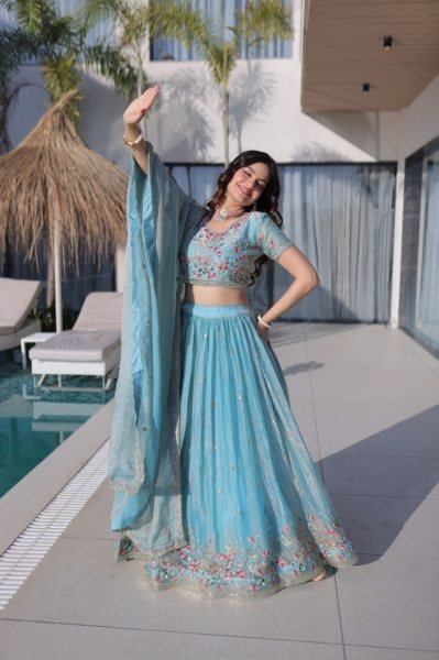 Sky Blue Fendi Silk Multi Thread Embroidered Lehenga Choli Set for Wedding Celebrations Designer Lehenga Choli