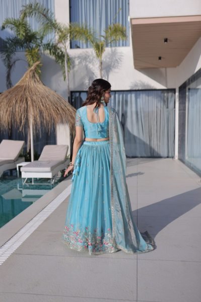 Sky Blue Fendi Silk Multi Thread Embroidered Lehenga Choli Set for Wedding Celebrations Designer Lehenga Choli