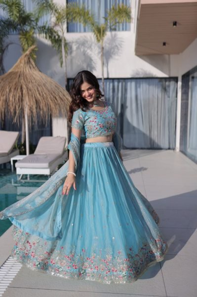 Sky Blue Fendi Silk Multi Thread Embroidered Lehenga Choli Set for Wedding Celebrations Designer Lehenga Choli