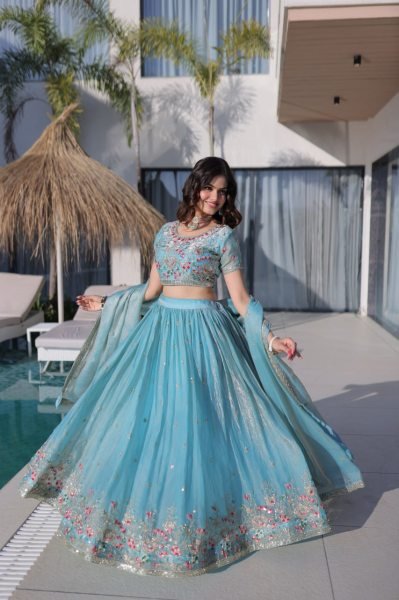 Sky Blue Fendi Silk Multi Thread Embroidered Lehenga Choli Set for Wedding Celebrations Designer Lehenga Choli