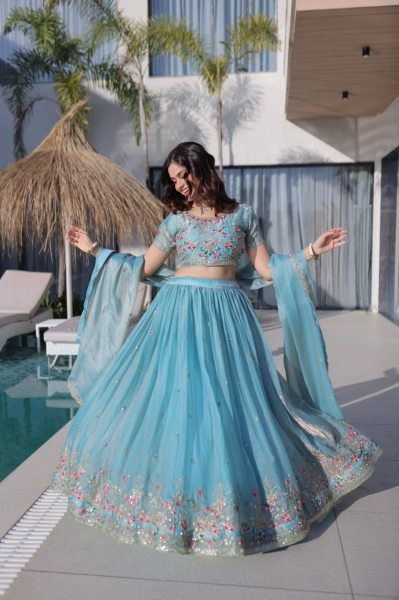 Sky Blue Fendi Silk Multi Thread Embroidered Lehenga Choli Set for Wedding Celebrations Designer Lehenga Choli