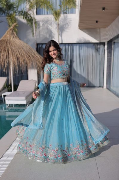 Sky Blue Fendi Silk Multi Thread Embroidered Lehenga Choli Set for Wedding Celebrations Designer Lehenga Choli