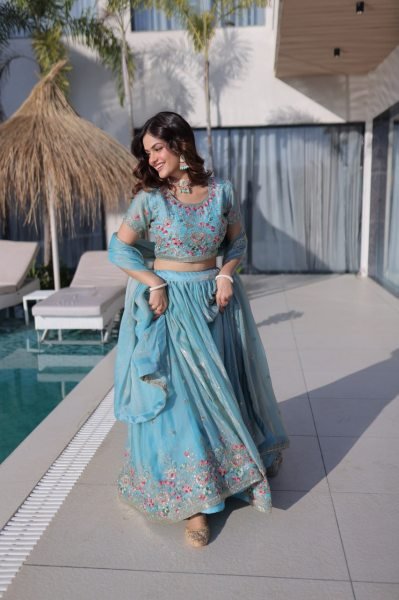 Sky Blue Fendi Silk Multi Thread Embroidered Lehenga Choli Set for Wedding Celebrations Designer Lehenga Choli