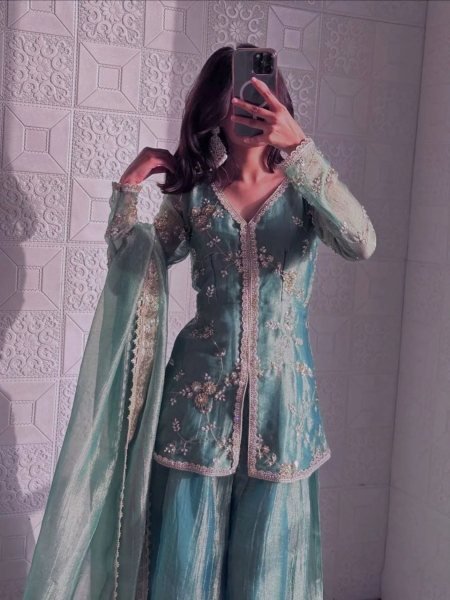 Sky Blue Fendy Satin Three Piece Embroidered Suit Set with Matching Pant and Embroidered Dupatta Kurtis