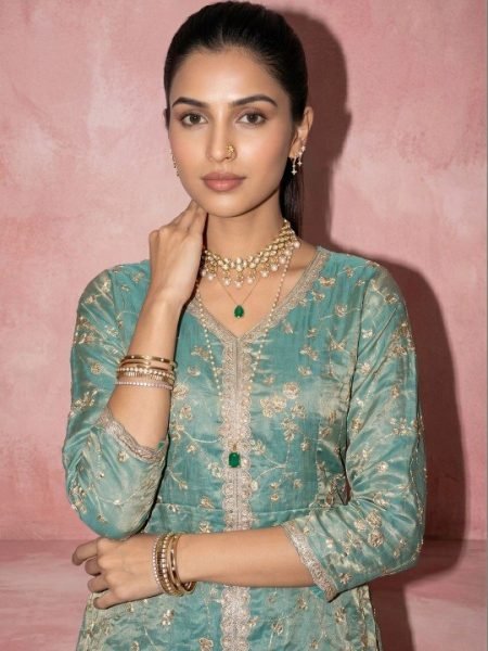 Sky Blue Fendy Satin Three Piece Embroidered Suit Set with Matching Pant and Embroidered Dupatta 3 Piece Kurti Set