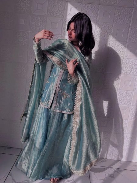 Sky Blue Fendy Satin Three Piece Embroidered Suit Set with Matching Pant and Embroidered Dupatta 3 Piece Kurti Set