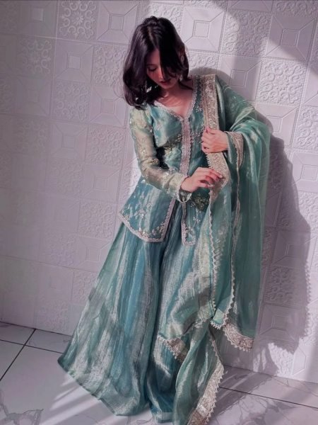 Sky Blue Fendy Satin Three Piece Embroidered Suit Set with Matching Pant and Embroidered Dupatta 3 Piece Kurti Set