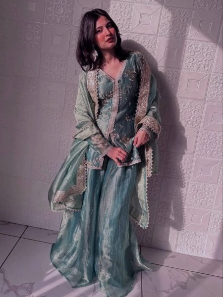 Sky Blue Fendy Satin Three Piece Embroidered Suit Set with Matching Pant and Embroidered Dupatta 3 Piece Kurti Set