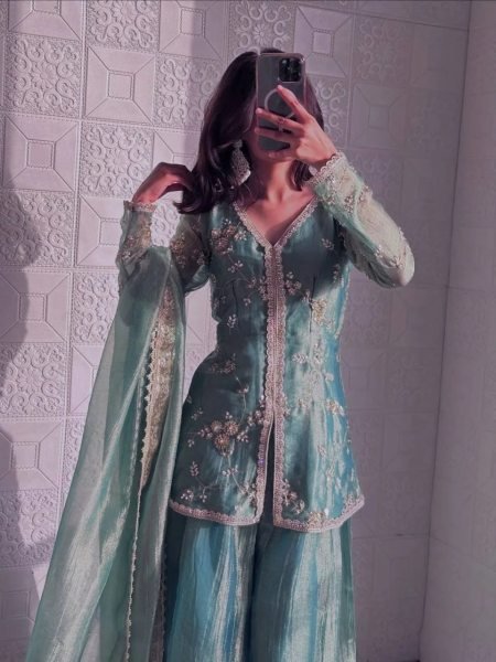 Sky Blue Fendy Satin Three Piece Embroidered Suit Set with Matching Pant and Embroidered Dupatta 3 Piece Kurti Set
