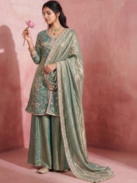 Sky Blue Fendy Satin Three Piece Embroidered Suit Set with Matching Pant and Embroidered Dupatta 3 Piece Kurti Set