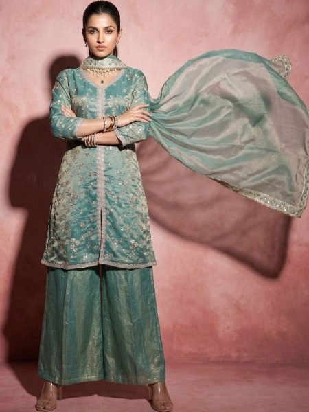 Sky Blue Fendy Satin Three Piece Embroidered Suit Set with Matching Pant and Embroidered Dupatta 3 Piece Kurti Set
