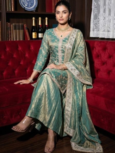 Sky Blue Fendy Satin Three Piece Embroidered Suit Set with Matching Pant and Embroidered Dupatta 3 Piece Kurti Set